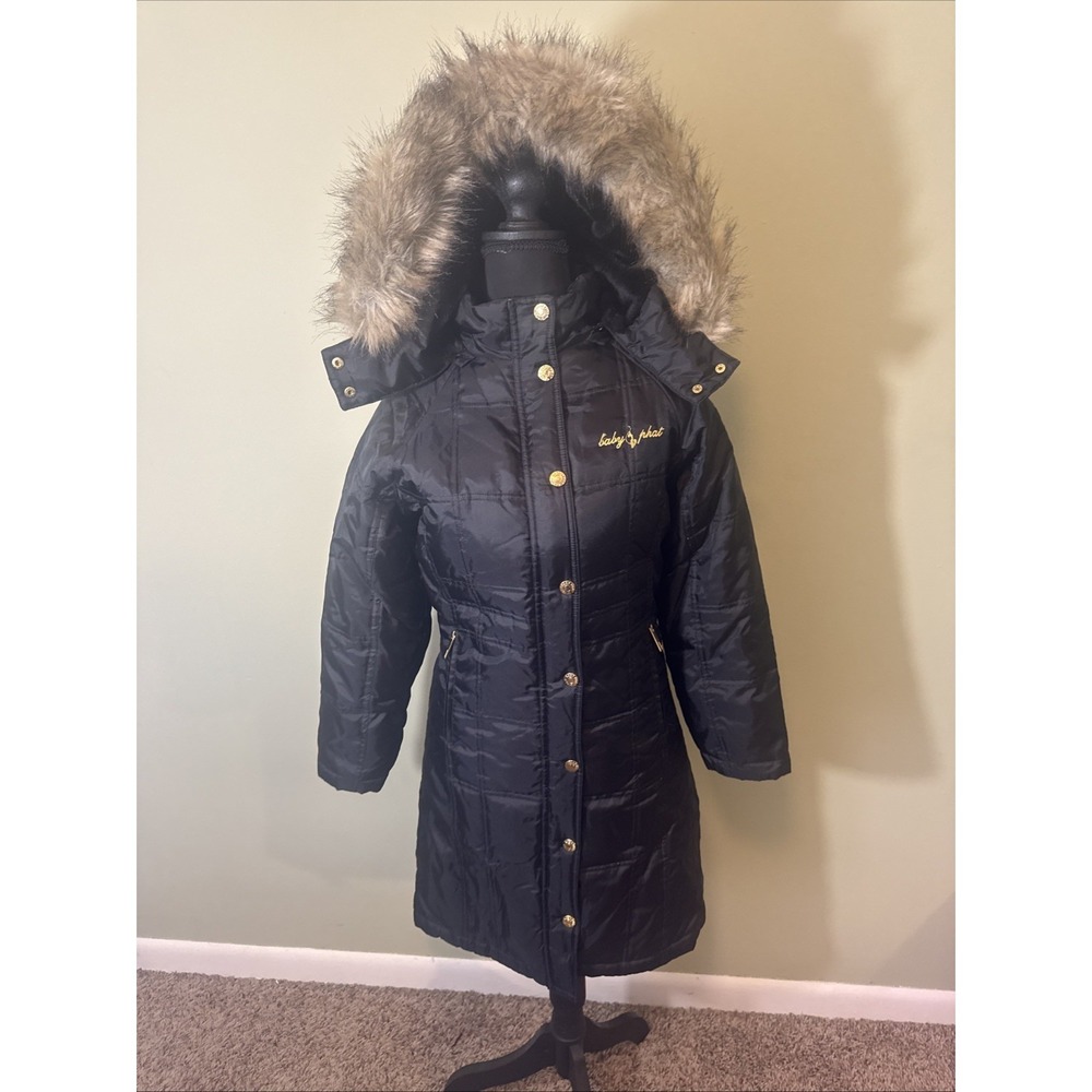 Baby Phat Vintage Y2K Puffer Jacket Down‎ Coat Black Fur Hood Hip Hop NWOT Small